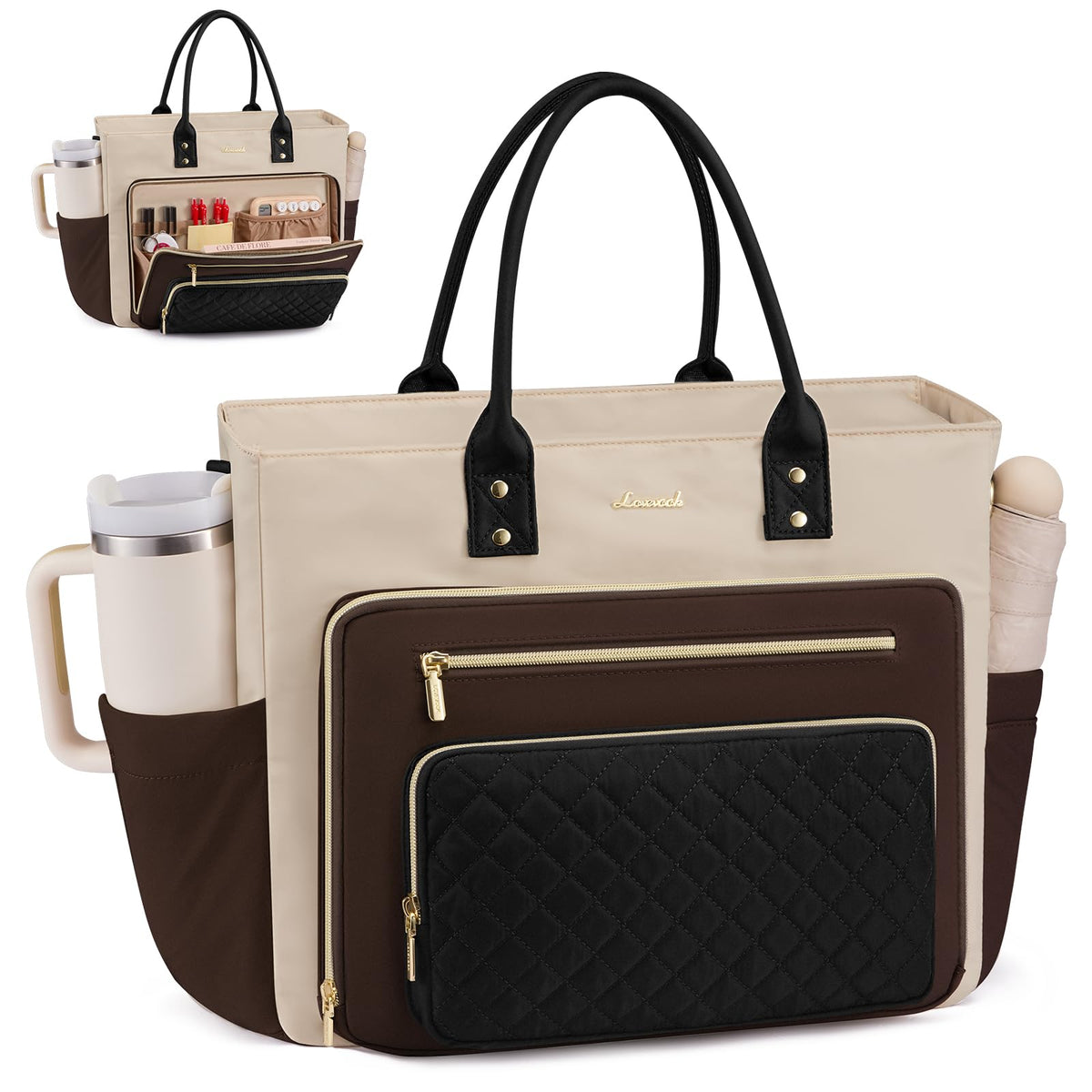 Liore Bags Professional Laptop Tote Bag for Women - 15.6" Work Briefcase with 40oz Cup Holder (Black/Beige/Brown)