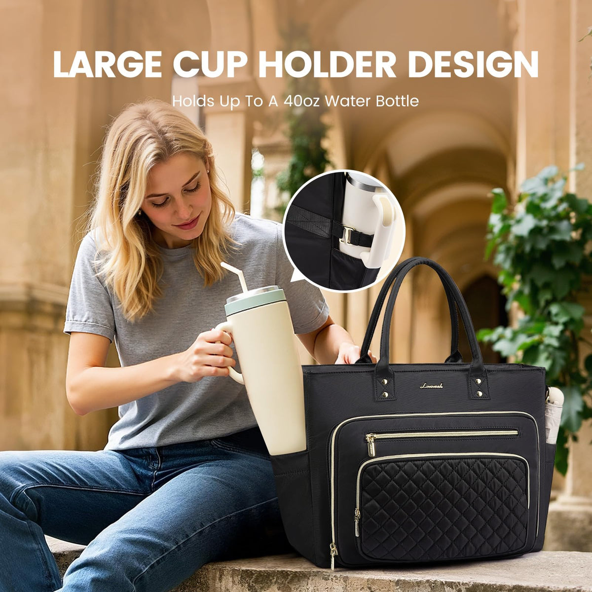 Liore Bags Professional Laptop Tote Bag for Women - 15.6" Work Briefcase with 40oz Cup Holder (Black/Beige/Brown)