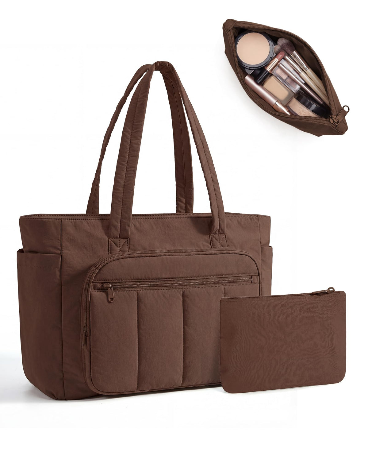 Liore Bags Quilted Puffer Tote Bag Set - 2-Piece Zipper Handbag & Matching Pouch for Work, Travel & College (Camel)
