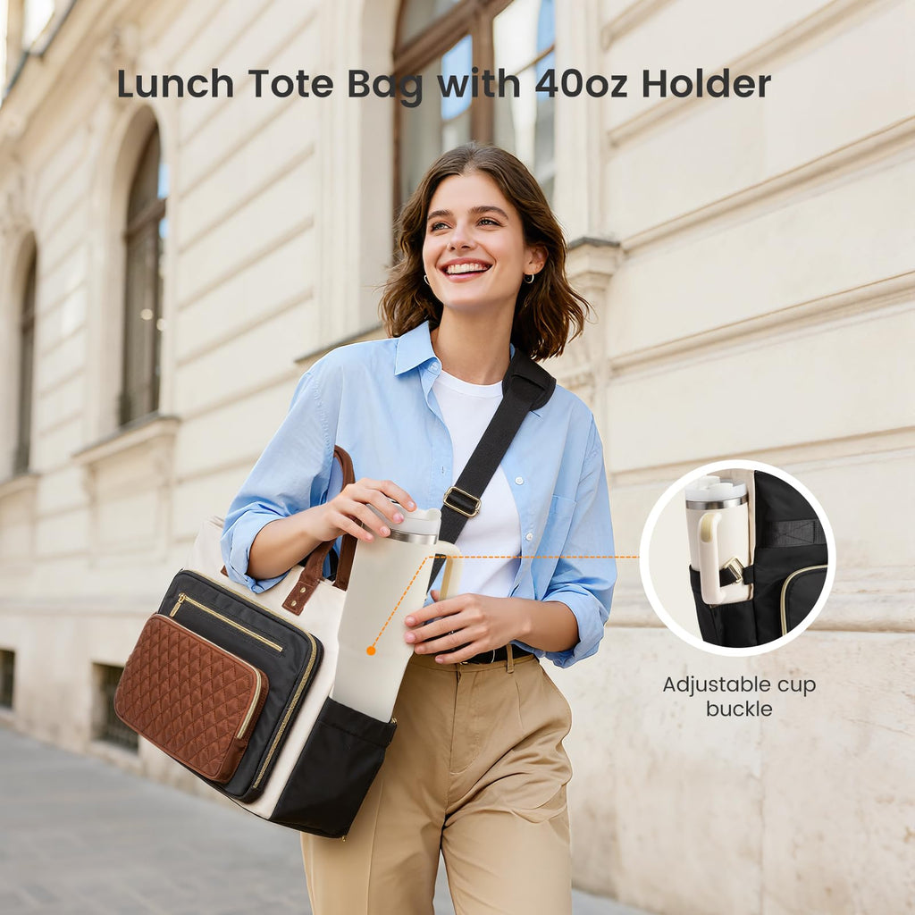 Liore Bags Professional Laptop Tote Bag for Women - 15.6" Work Briefcase with 40oz Cup Holder (Black/Beige/Brown)
