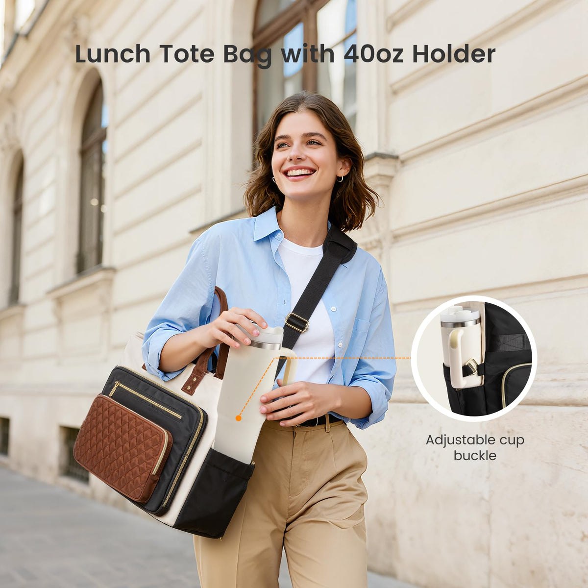 Liore Bags Professional Laptop Tote Bag for Women - 15.6" Work Briefcase with 40oz Cup Holder (Black/Beige/Brown)