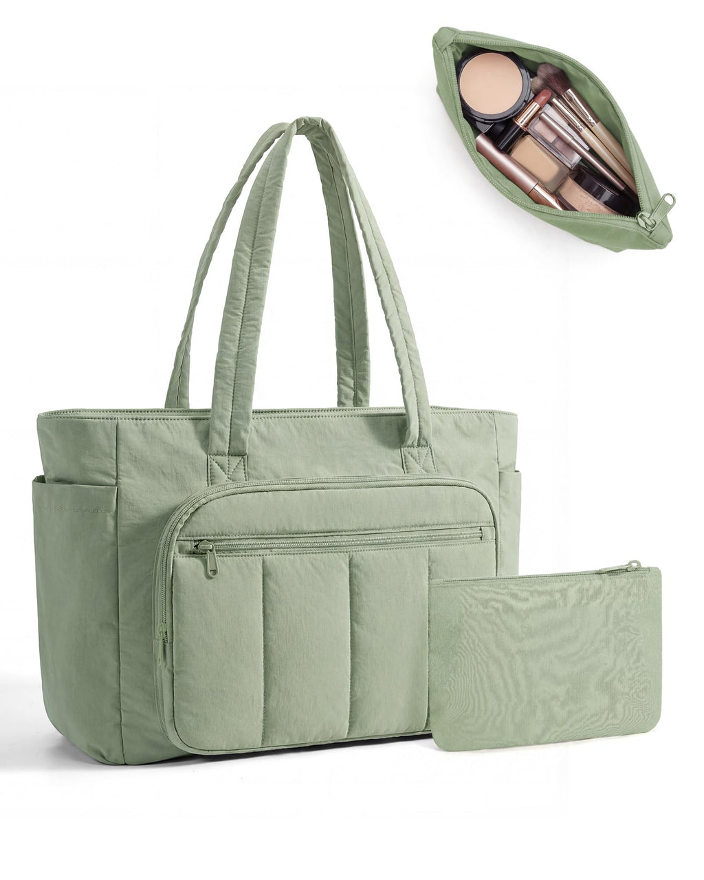 Liore Bags Quilted Puffer Tote Bag Set - 2-Piece Zipper Handbag & Matching Pouch for Work, Travel & College (Camel)