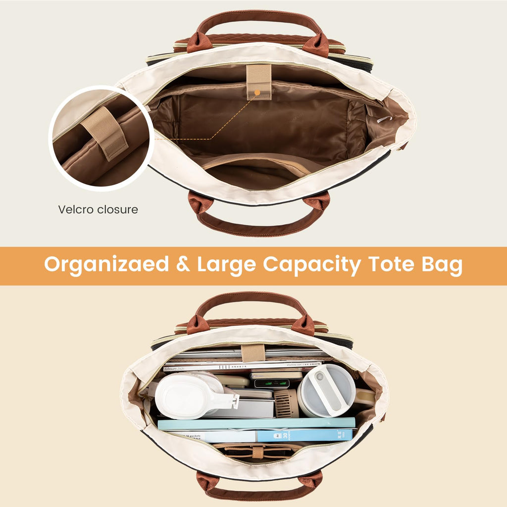 Liore Bags Professional Laptop Tote Bag for Women - 15.6" Work Briefcase with 40oz Cup Holder (Black/Beige/Brown)