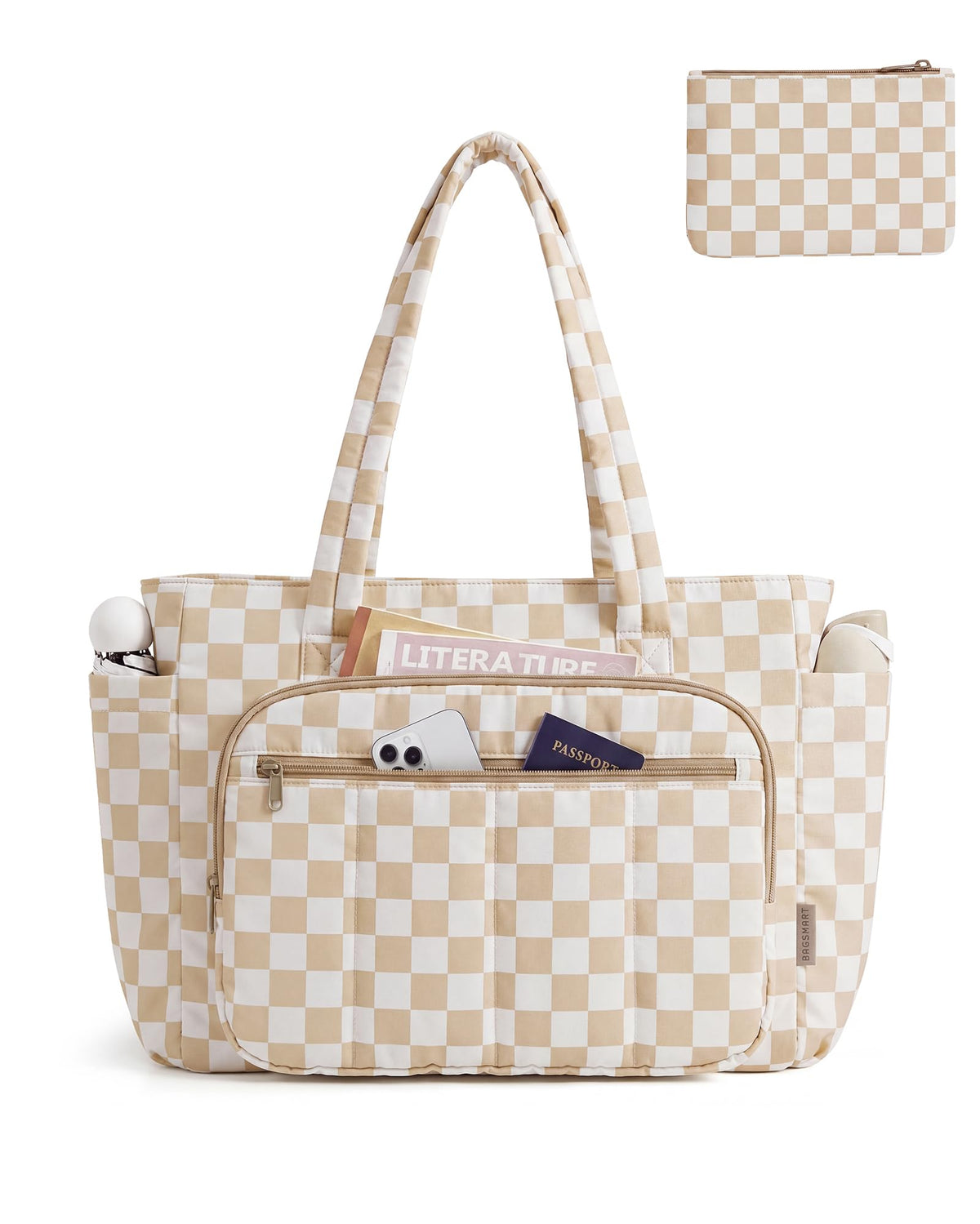Liore Bags Quilted Puffer Tote Bag Set - 2-Piece Zipper Handbag & Matching Pouch for Work, Travel & College (Camel)