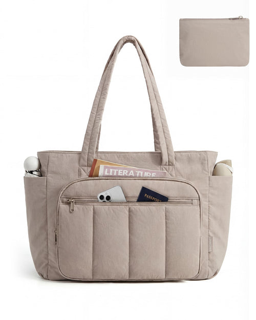 Liore Bags Quilted Puffer Tote Bag Set - 2-Piece Zipper Handbag & Matching Pouch for Work, Travel & College (Camel)