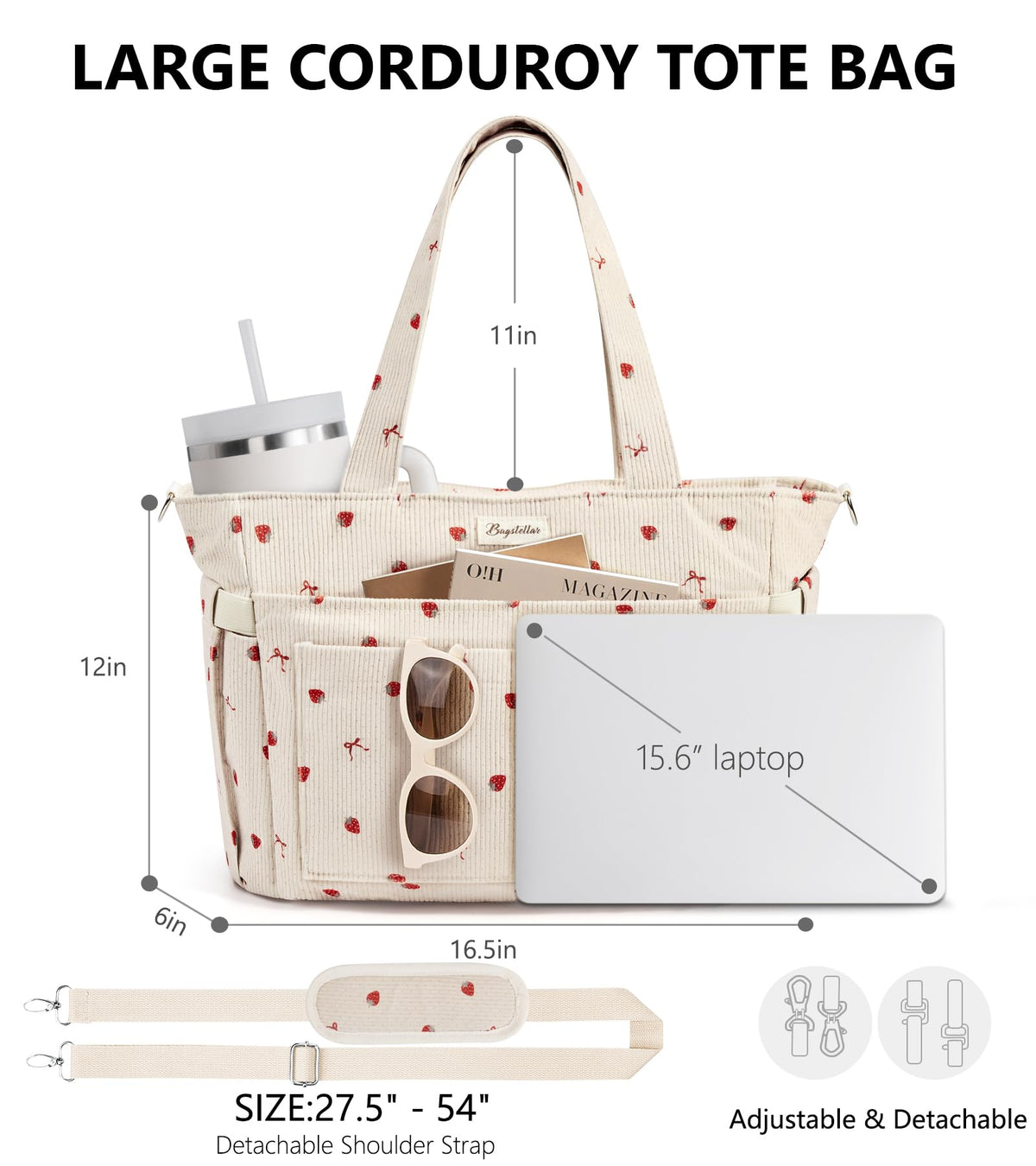 Liore Bags Premium Corduroy Tote Bag - 17-Pocket Laptop & Work Crossbody Purse for Women