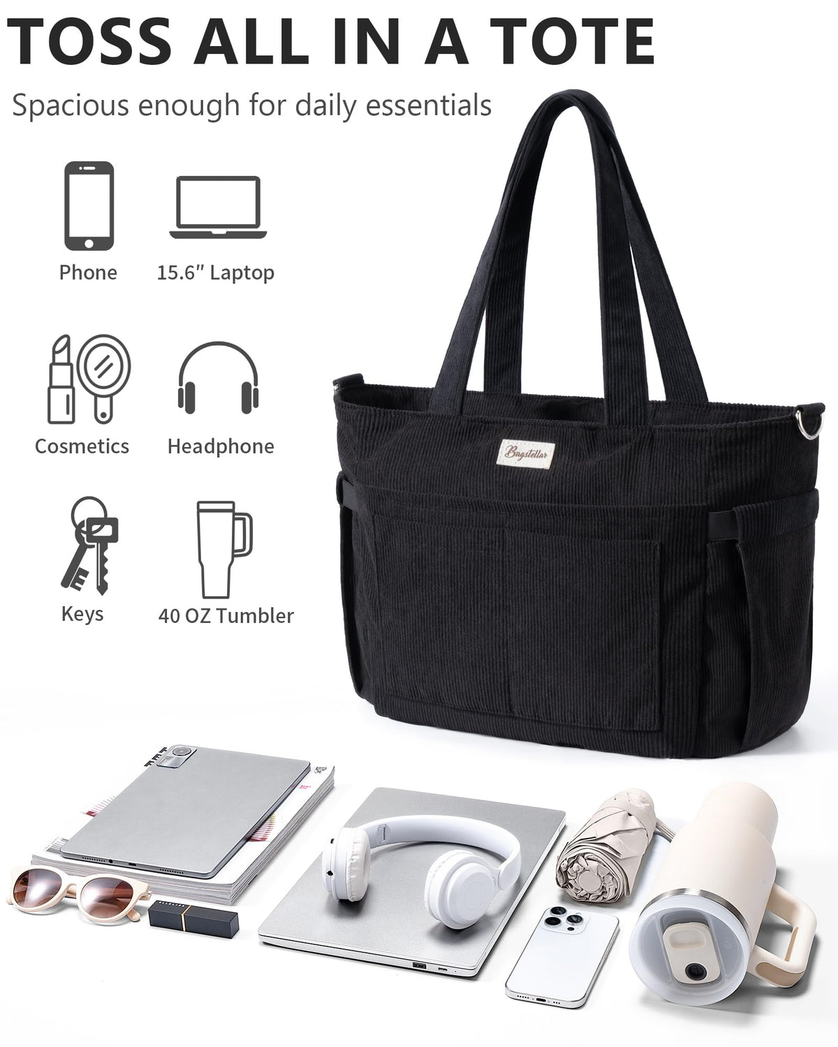 Liore Bags Premium Corduroy Tote Bag - 17-Pocket Laptop & Work Crossbody Purse for Women