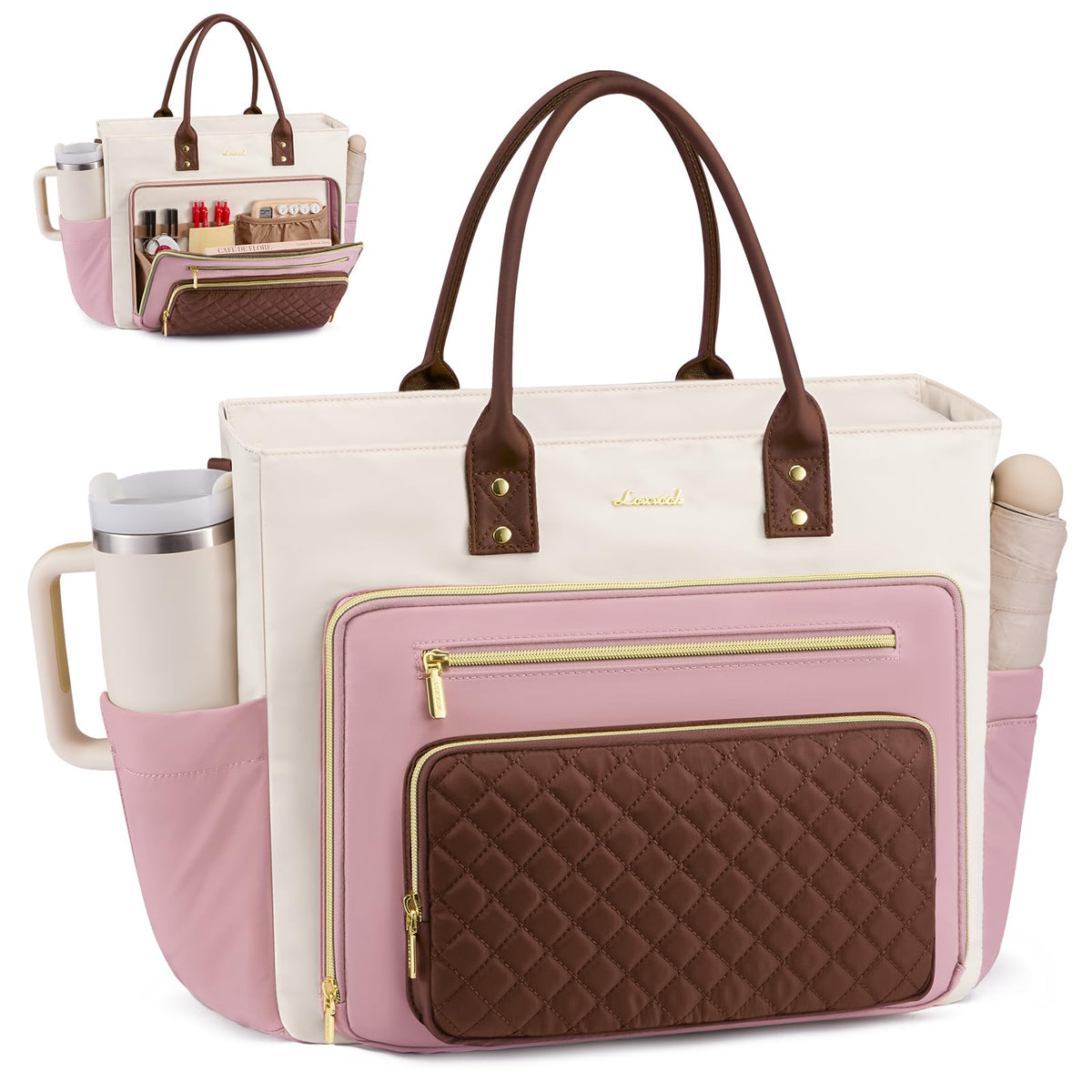 Liore Bags Professional Laptop Tote Bag for Women - 15.6" Work Briefcase with 40oz Cup Holder (Black/Beige/Brown)