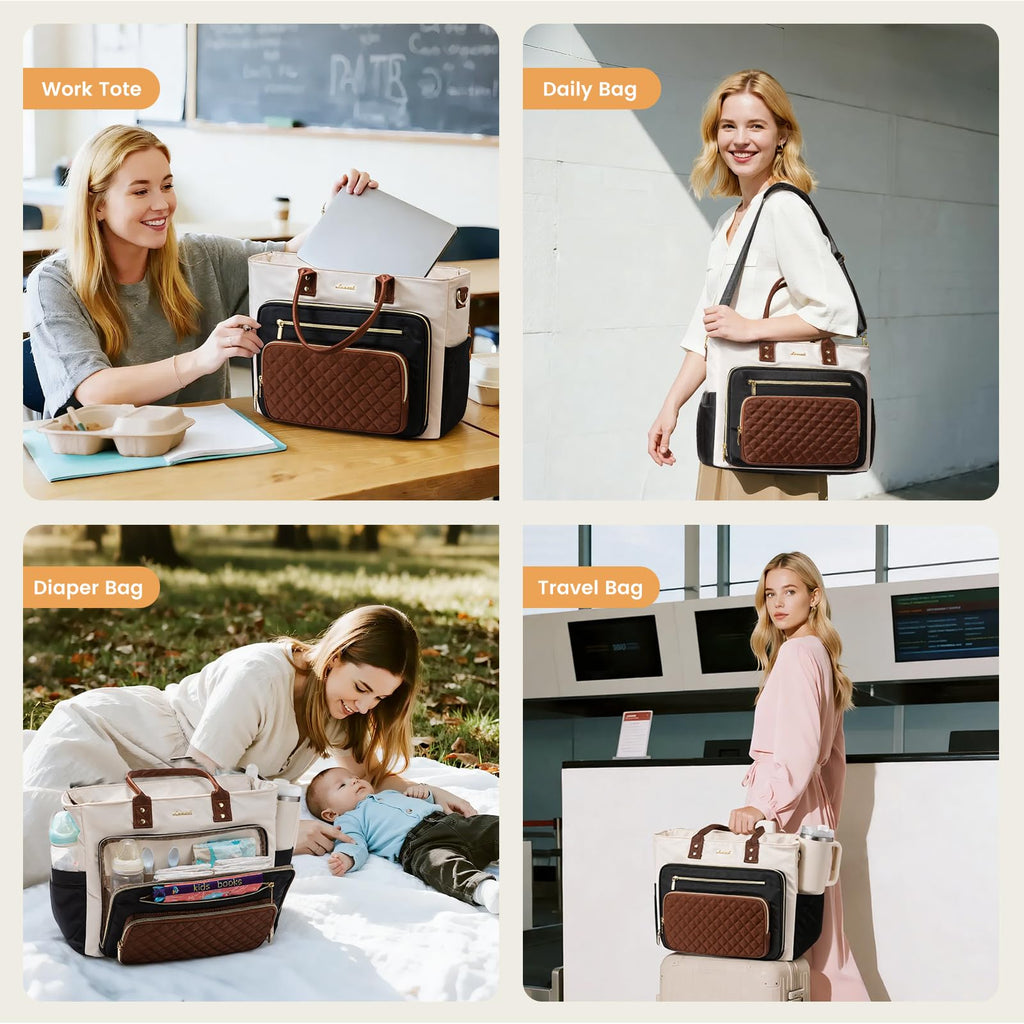 Liore Bags Professional Laptop Tote Bag for Women - 15.6" Work Briefcase with 40oz Cup Holder (Black/Beige/Brown)