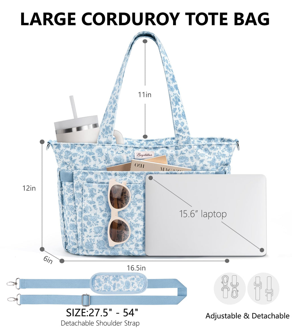 Liore Bags Premium Corduroy Tote Bag - 17-Pocket Laptop & Work Crossbody Purse for Women