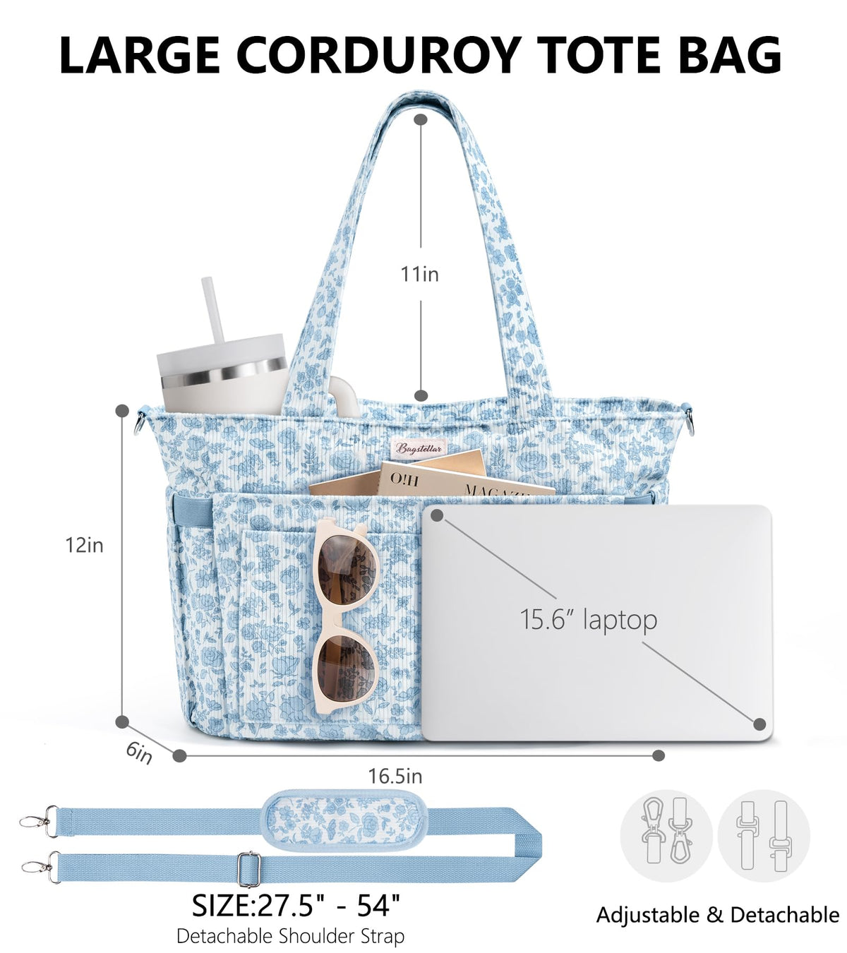 Liore Bags Premium Corduroy Tote Bag - 17-Pocket Laptop & Work Crossbody Purse for Women