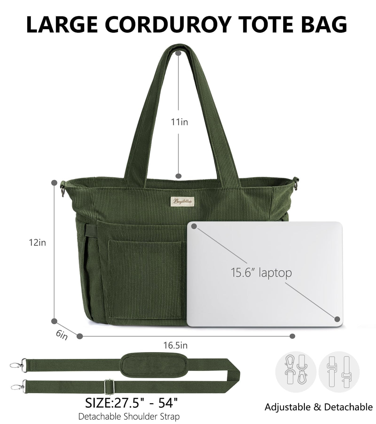 Liore Bags Premium Corduroy Tote Bag - 17-Pocket Laptop & Work Crossbody Purse for Women