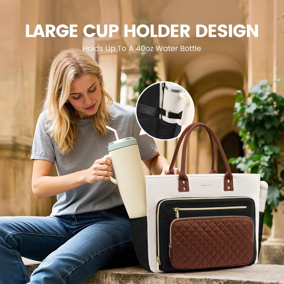 Liore Bags Professional Laptop Tote Bag for Women - 15.6" Work Briefcase with 40oz Cup Holder (Black/Beige/Brown)