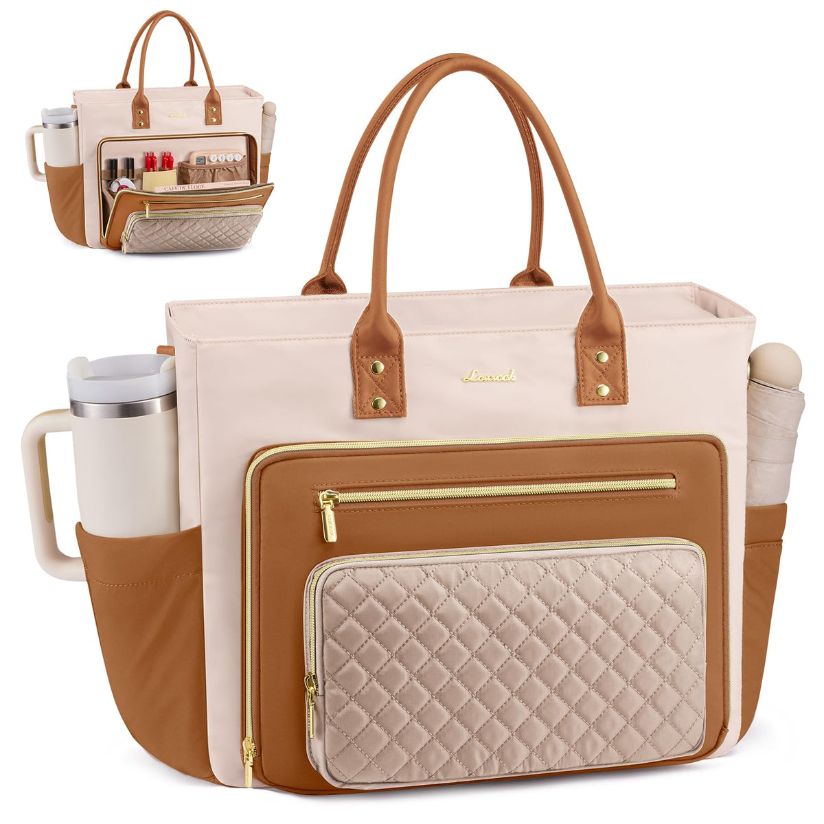 Liore Bags Professional Laptop Tote Bag for Women - 15.6" Work Briefcase with 40oz Cup Holder (Black/Beige/Brown)