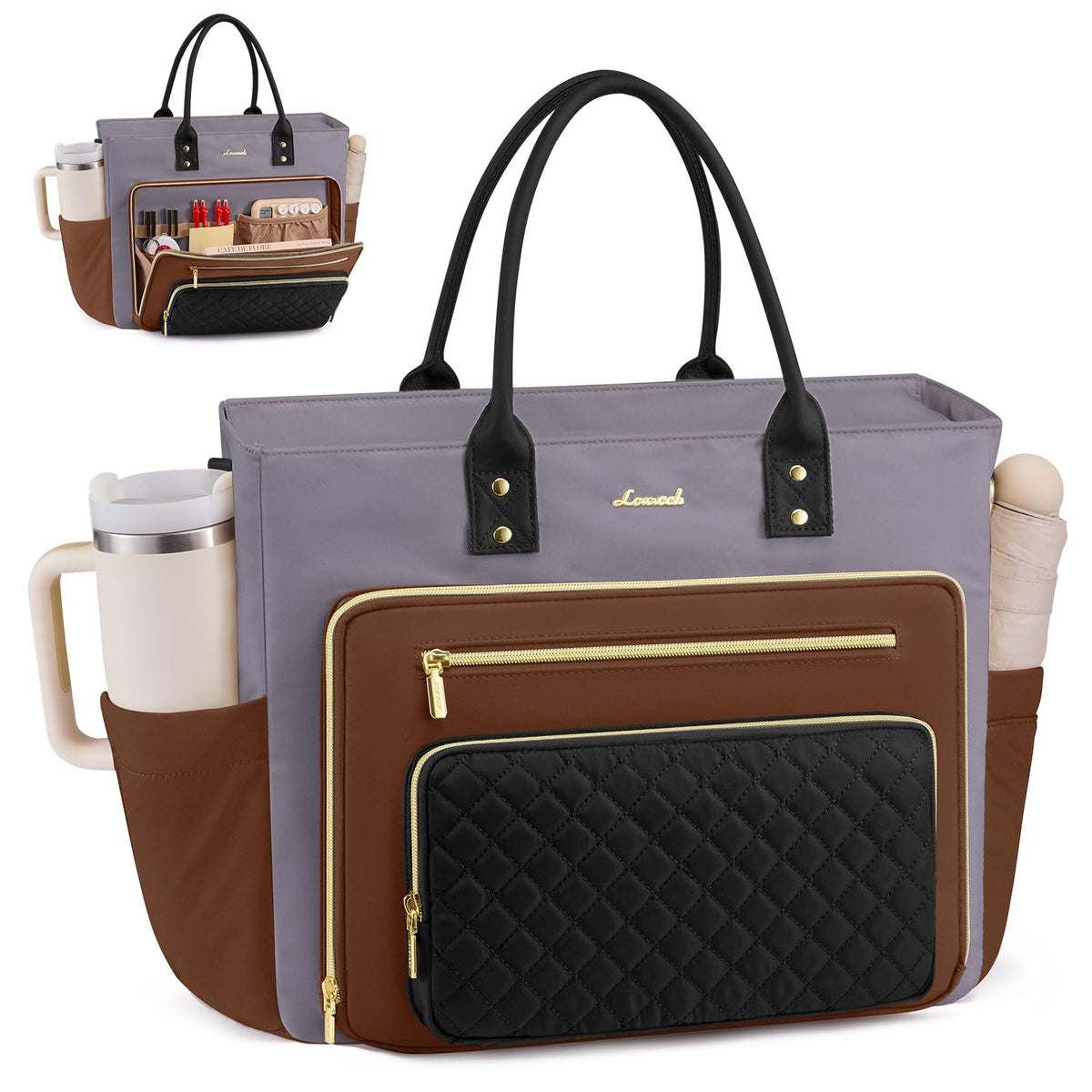 Liore Bags Professional Laptop Tote Bag for Women - 15.6" Work Briefcase with 40oz Cup Holder (Black/Beige/Brown)