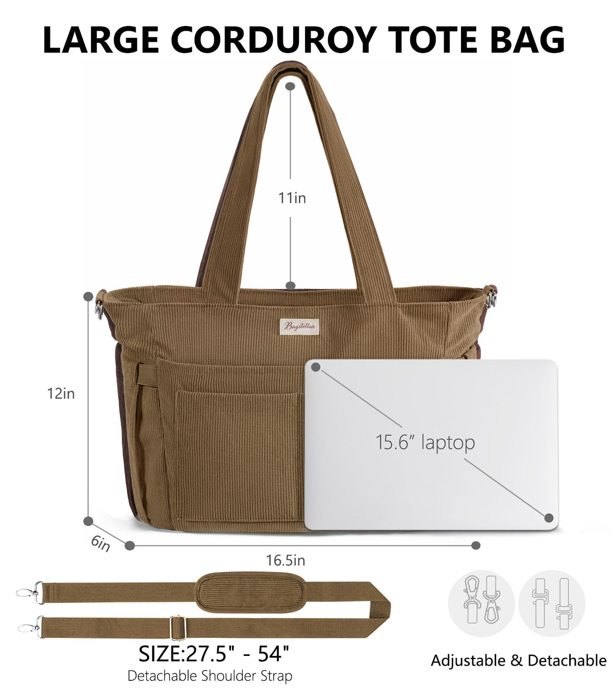 Liore Bags Premium Corduroy Tote Bag - 17-Pocket Laptop & Work Crossbody Purse for Women