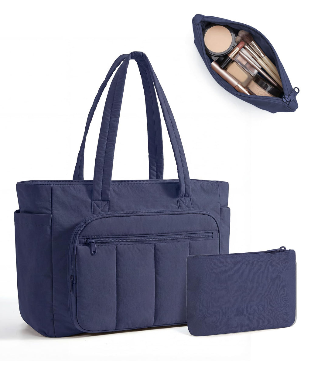 Liore Bags Quilted Puffer Tote Bag Set - 2-Piece Zipper Handbag & Matching Pouch for Work, Travel & College (Camel)