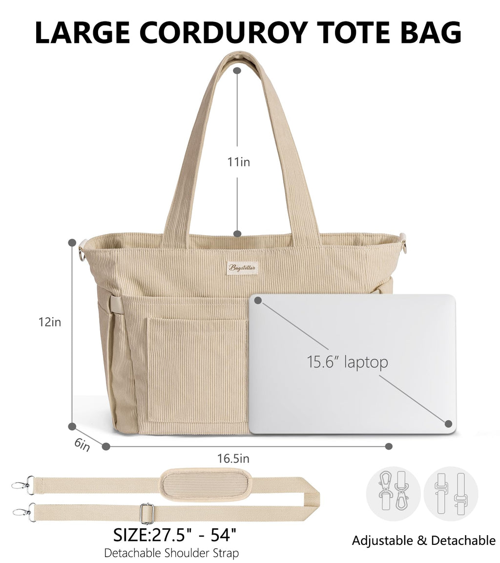 Liore Bags Premium Corduroy Tote Bag - 17-Pocket Laptop & Work Crossbody Purse for Women
