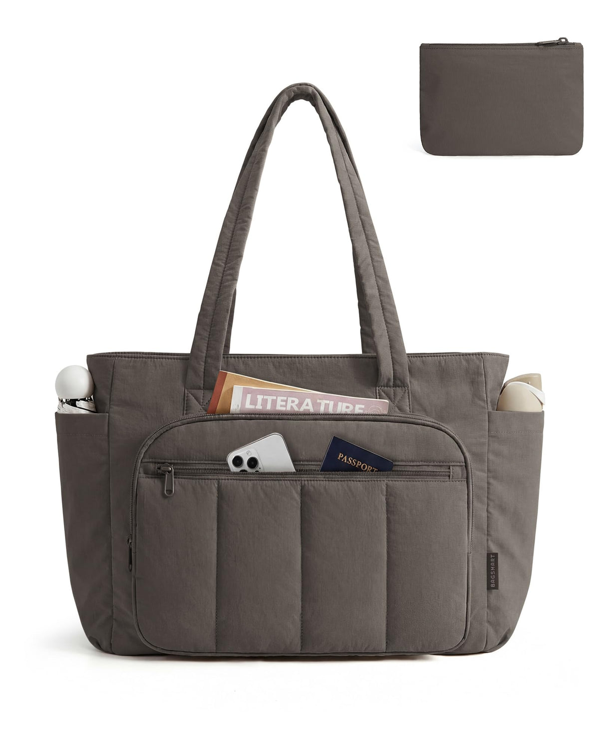 Liore Bags Quilted Puffer Tote Bag Set - 2-Piece Zipper Handbag & Matching Pouch for Work, Travel & College (Camel)
