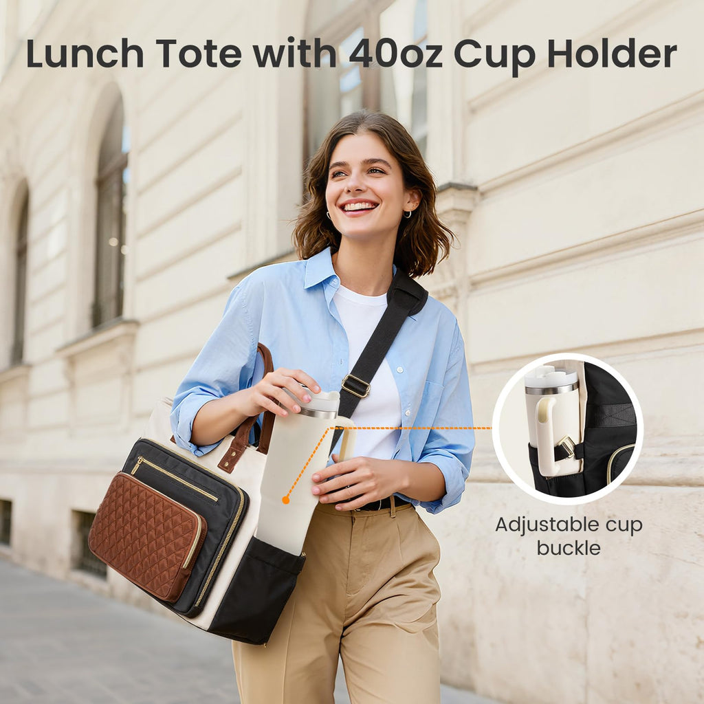 Liore Bags Professional Laptop Tote Bag for Women - 15.6" Work Briefcase with 40oz Cup Holder (Black/Beige/Brown)