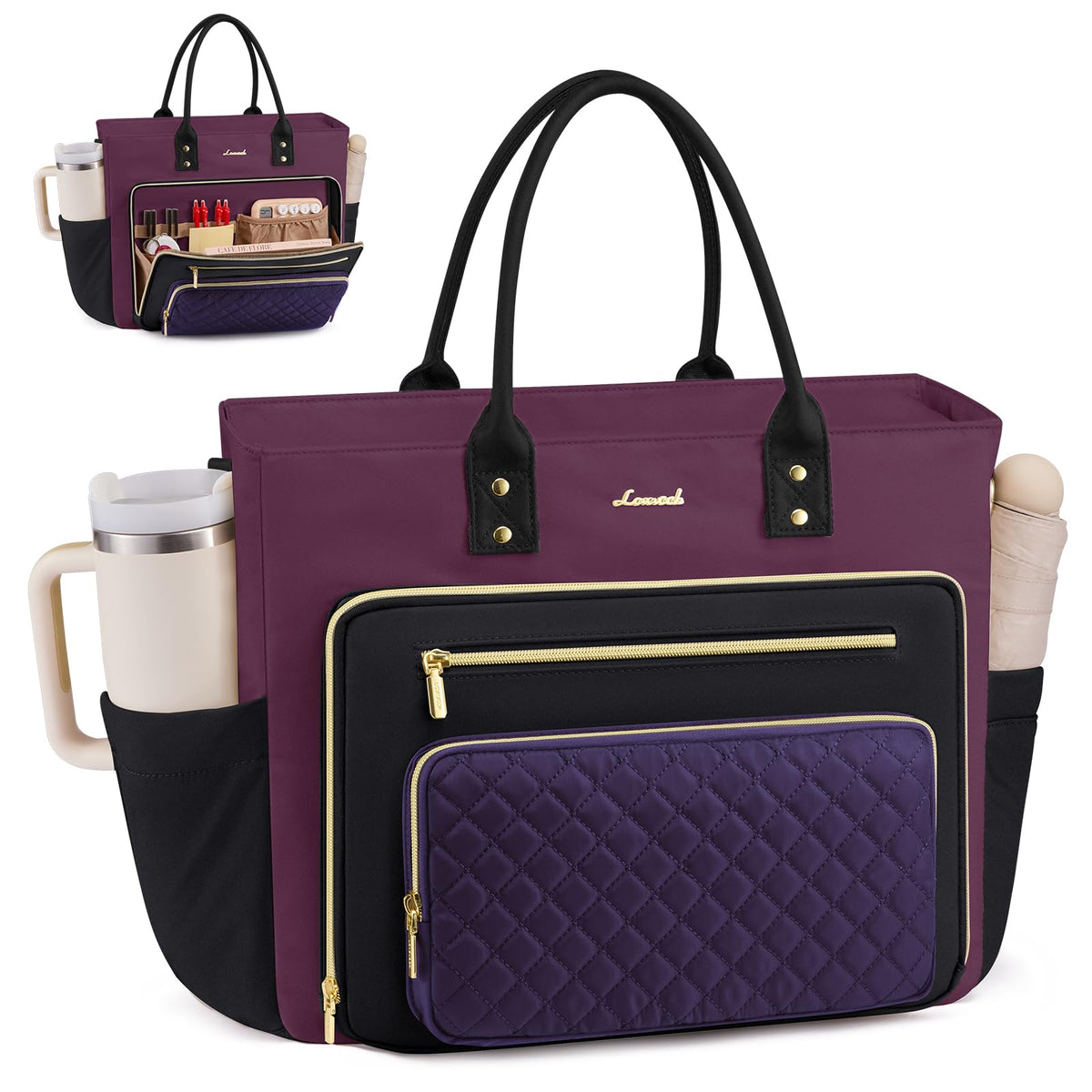 Liore Bags Professional Laptop Tote Bag for Women - 15.6" Work Briefcase with 40oz Cup Holder (Black/Beige/Brown)