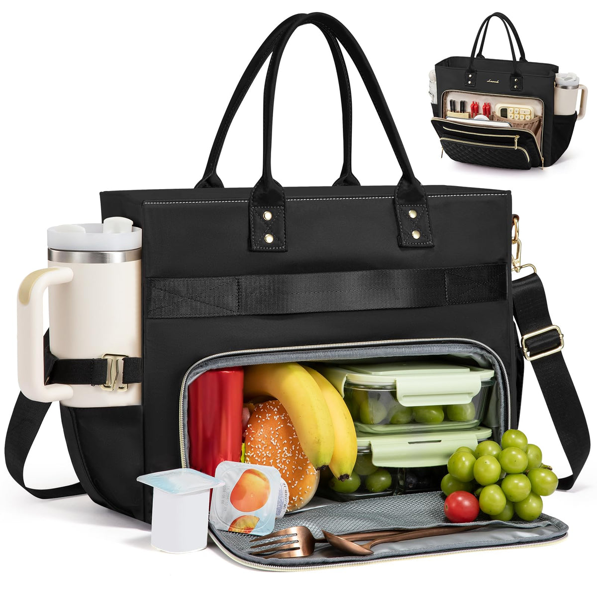 Liore Bags Professional Laptop Tote Bag for Women - 15.6" Work Briefcase with 40oz Cup Holder (Black/Beige/Brown)