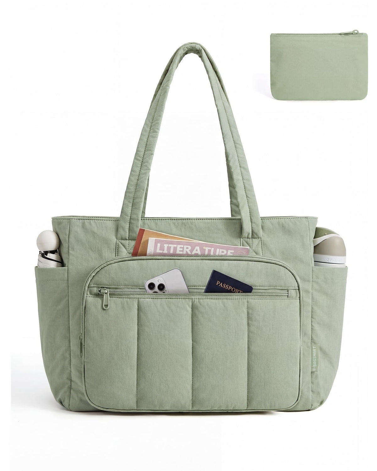 Liore Bags Quilted Puffer Tote Bag Set - 2-Piece Zipper Handbag & Matching Pouch for Work, Travel & College (Camel)