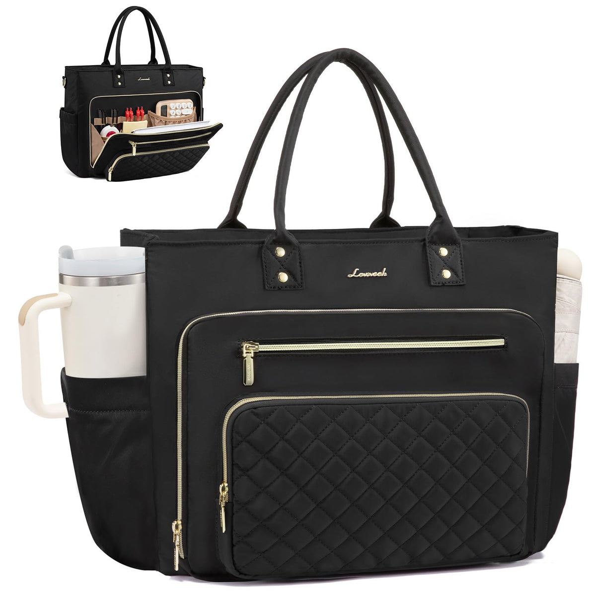 Liore Bags Professional Laptop Tote Bag for Women - 15.6" Work Briefcase with 40oz Cup Holder (Black/Beige/Brown)