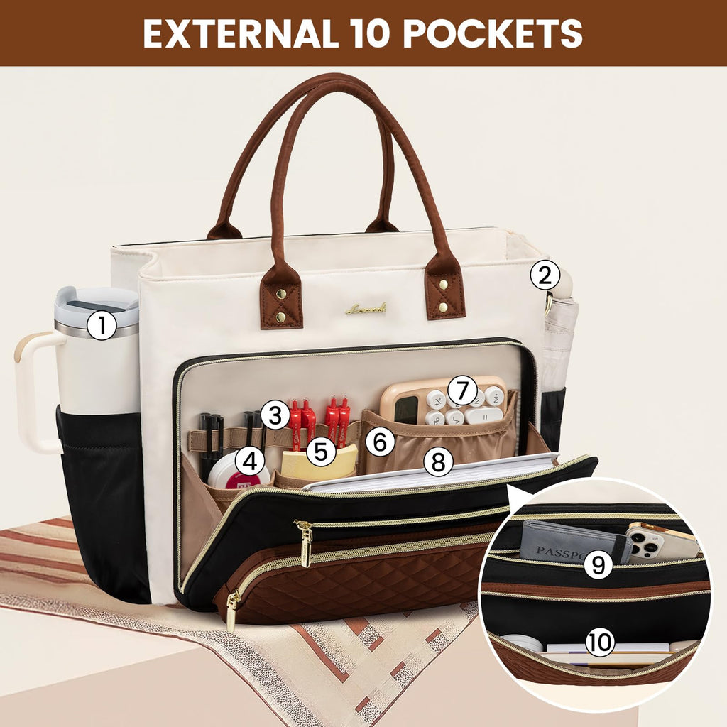 Liore Bags Professional Laptop Tote Bag for Women - 15.6" Work Briefcase with 40oz Cup Holder (Black/Beige/Brown)