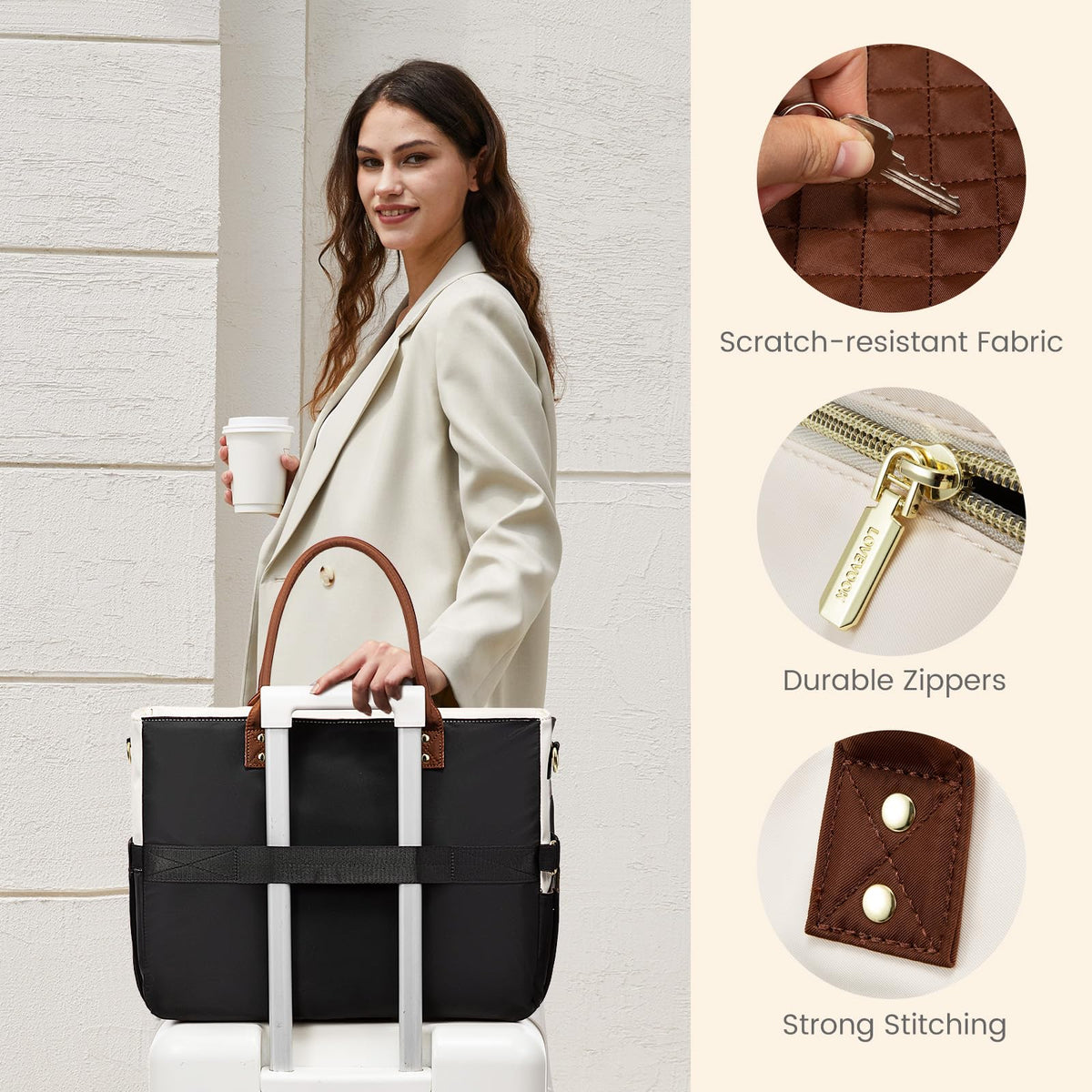 Liore Bags Professional Laptop Tote Bag for Women - 15.6" Work Briefcase with 40oz Cup Holder (Black/Beige/Brown)