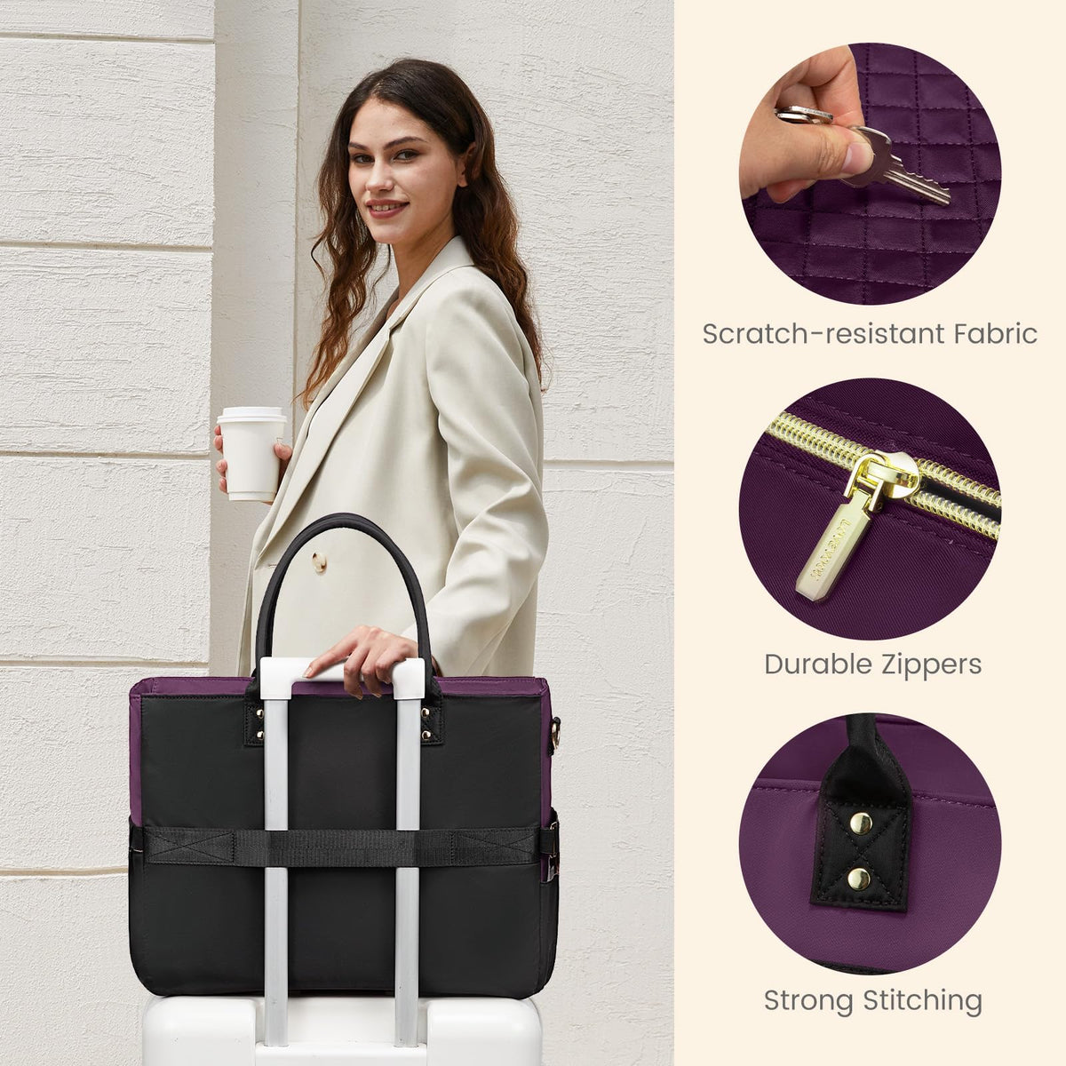 Liore Bags Professional Laptop Tote Bag for Women - 15.6" Work Briefcase with 40oz Cup Holder (Black/Beige/Brown)