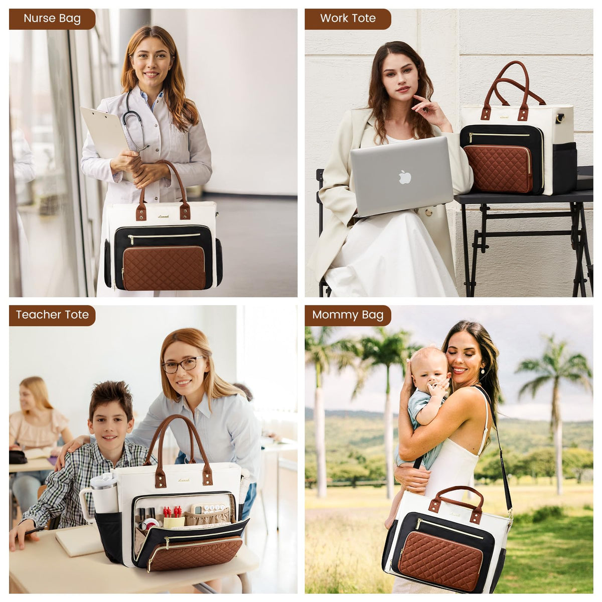 Liore Bags Professional Laptop Tote Bag for Women - 15.6" Work Briefcase with 40oz Cup Holder (Black/Beige/Brown)