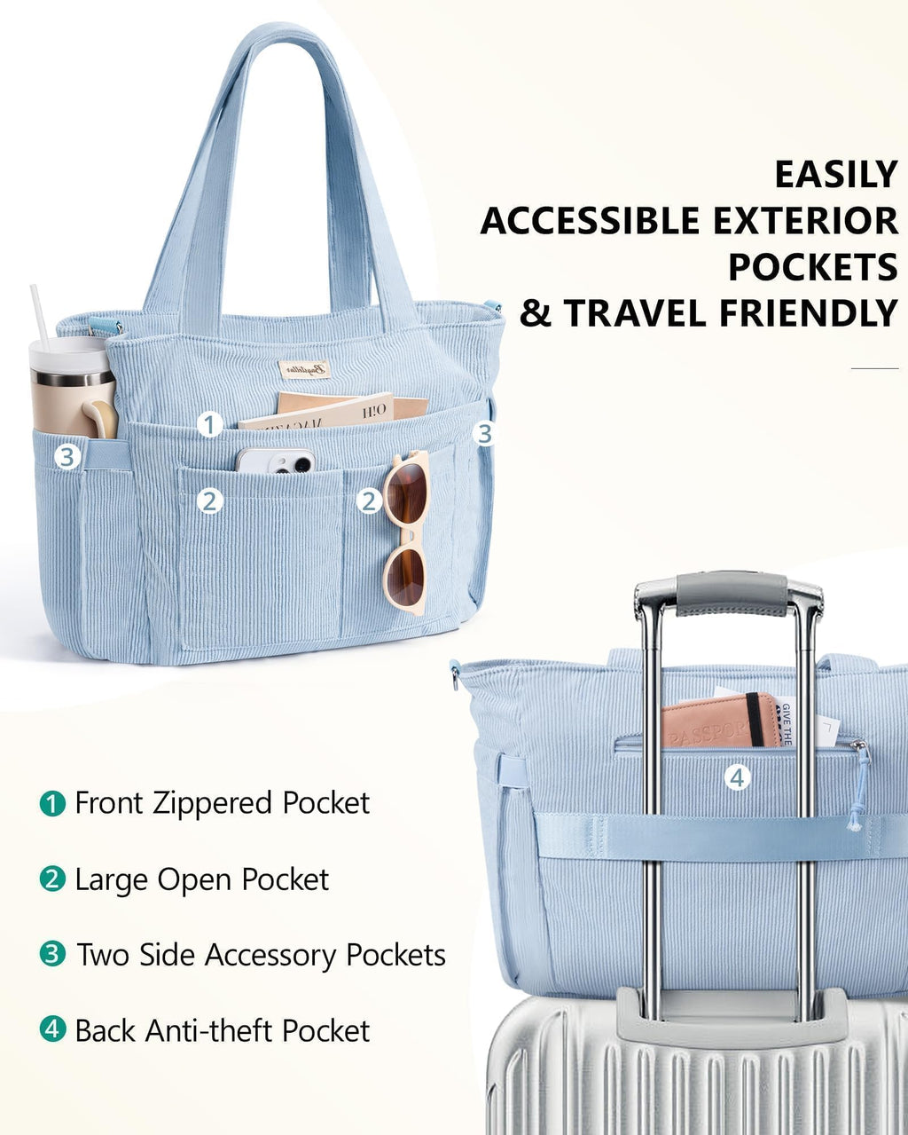 Liore Bags Premium Corduroy Tote Bag - 17-Pocket Laptop & Work Crossbody Purse for Women