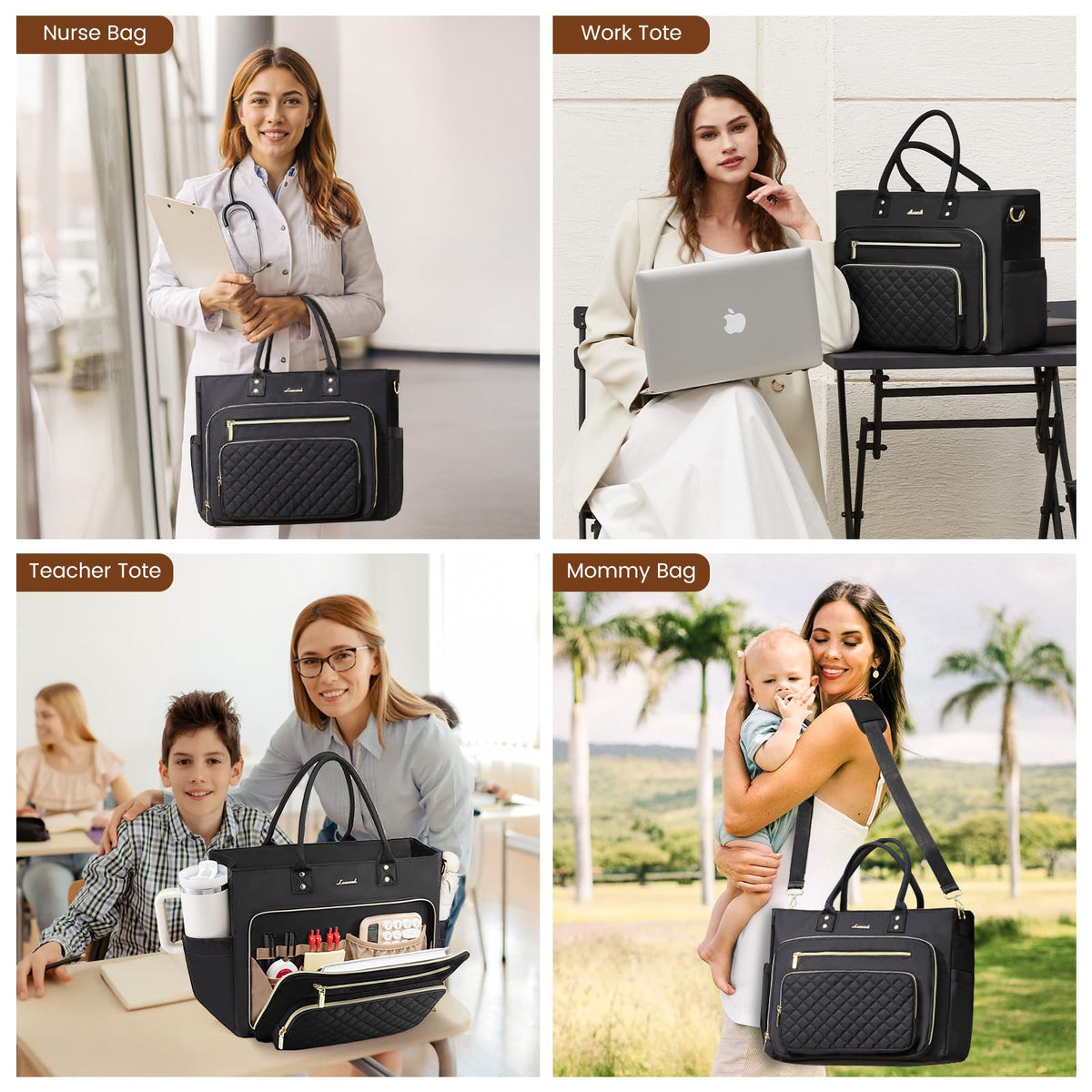 Liore Bags Professional Laptop Tote Bag for Women - 15.6" Work Briefcase with 40oz Cup Holder (Black/Beige/Brown)