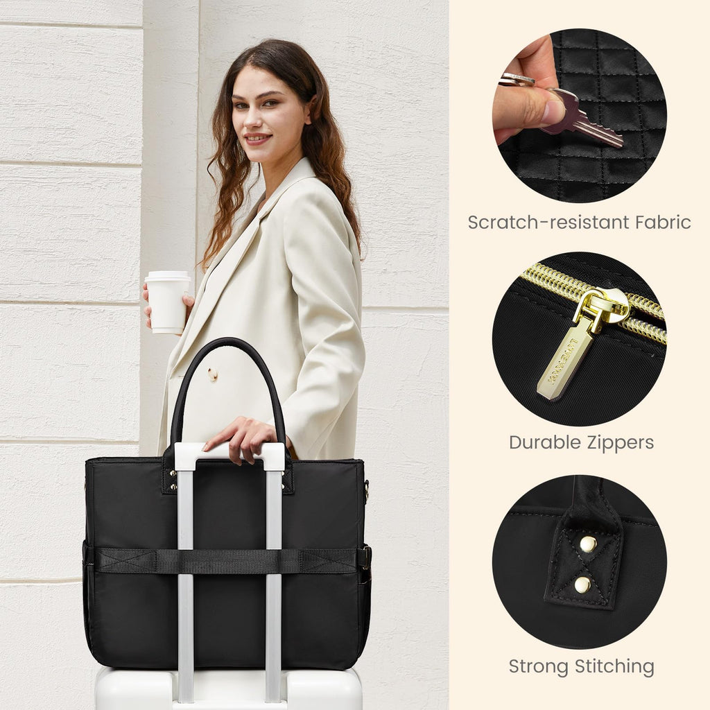 Liore Bags Professional Laptop Tote Bag for Women - 15.6" Work Briefcase with 40oz Cup Holder (Black/Beige/Brown)