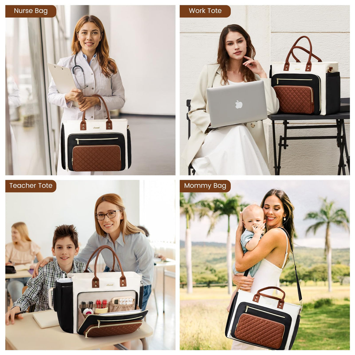 Liore Bags Professional Laptop Tote Bag for Women - 15.6" Work Briefcase with 40oz Cup Holder (Black/Beige/Brown)