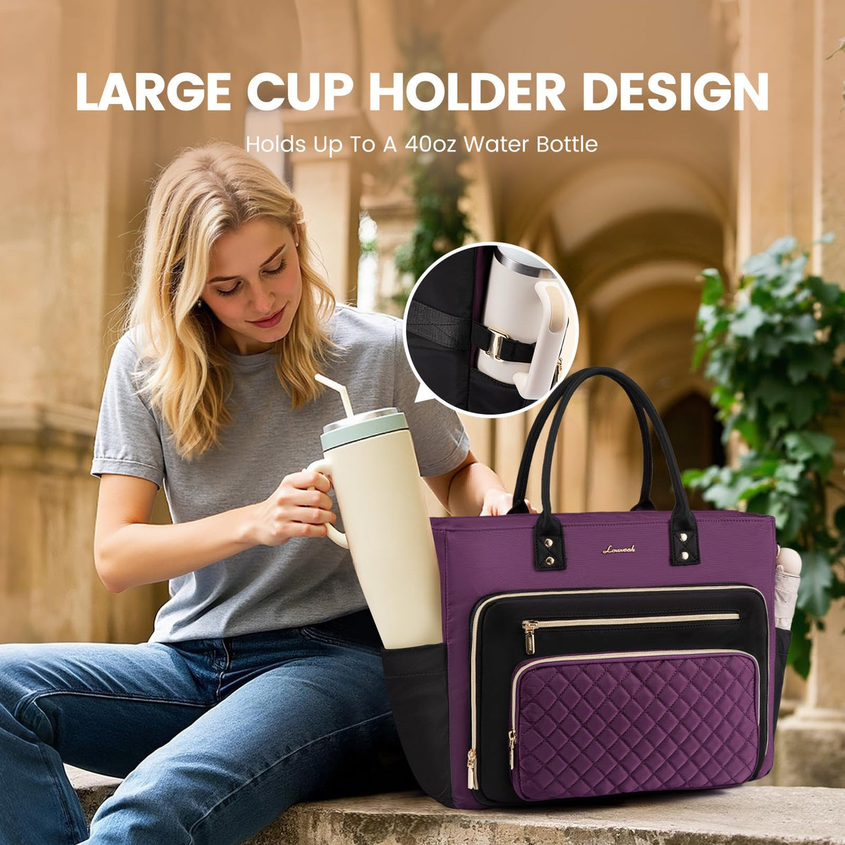 Liore Bags Professional Laptop Tote Bag for Women - 15.6" Work Briefcase with 40oz Cup Holder (Black/Beige/Brown)